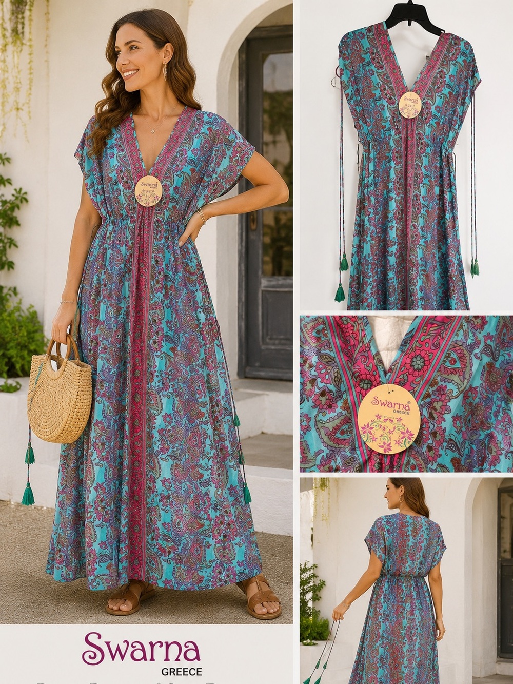 Swarna Greece NWT Silk Paisley Kaftan Maxi Dress Turquoise Pink